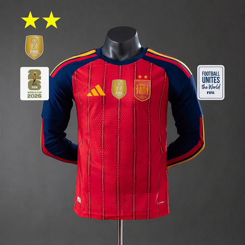 Spain 2026 Home 2-Star Champion Edition Player Version Long sleeves Jersey